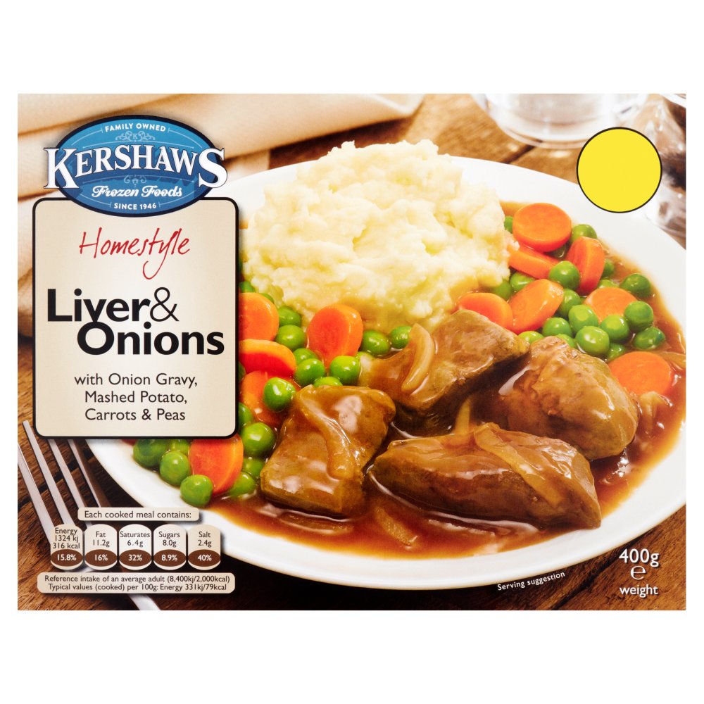 Kershaws Liver & Onions Gravy, Mash, carrots,peas **FROZEN **