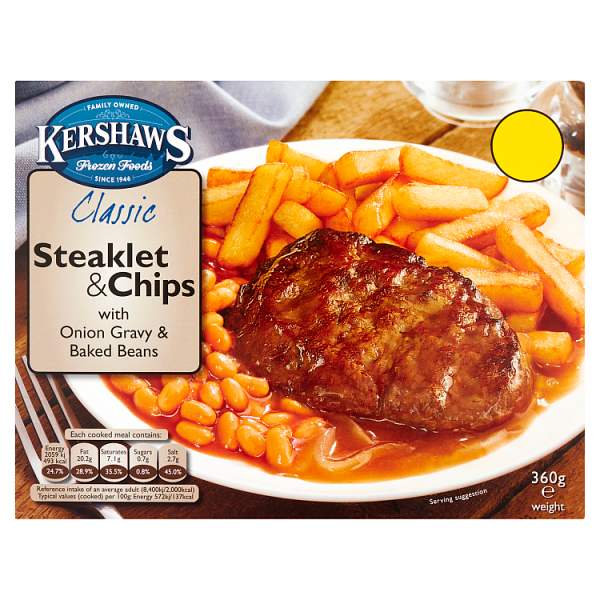 Kershaws Classic Steaklet & Chips,Gravy, Baked Beans * FROZEN*