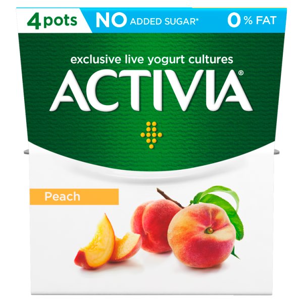 Activia Peach No Added Sugar 0% Fat Yogurt 4 Pots x 120g (480g)